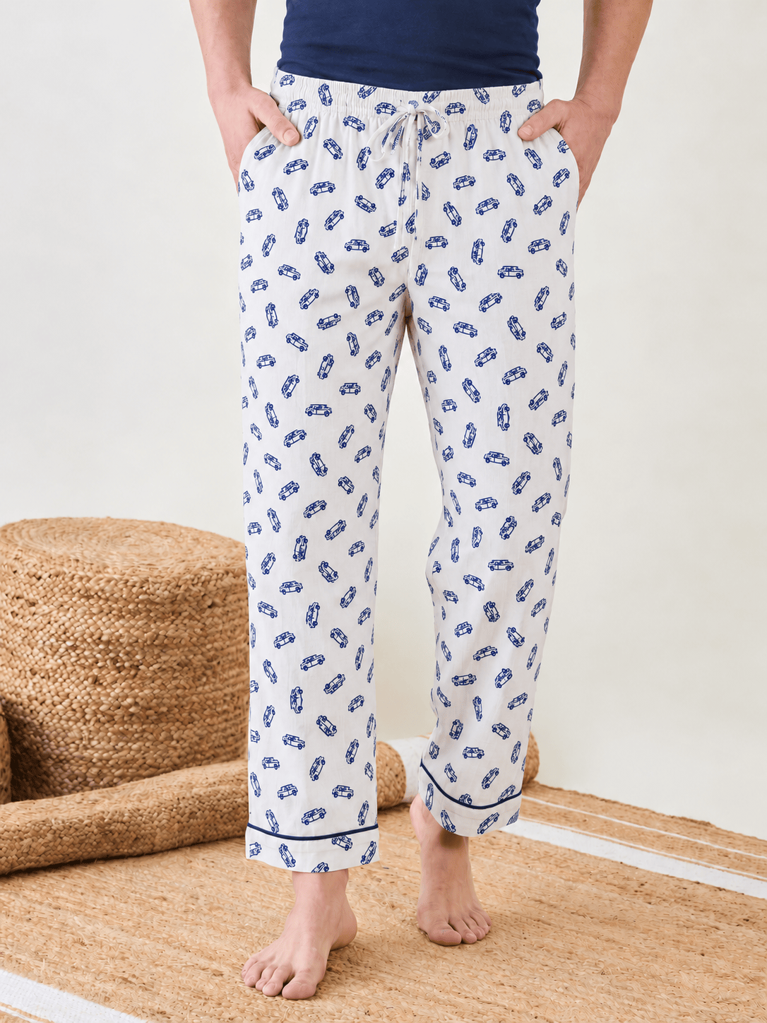 The Kaftan Company Pyjama Men's White Printed Cotton Pyjamas with Navy Piping