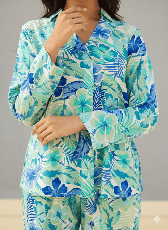 The Kaftan Company Pyjama Set Aqua Blue Tropical Floral Viscose Rayon Nightsuit Set