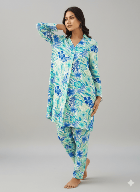 The Kaftan Company Pyjama Set Aqua Blue Tropical Floral Viscose Rayon Nightsuit Set