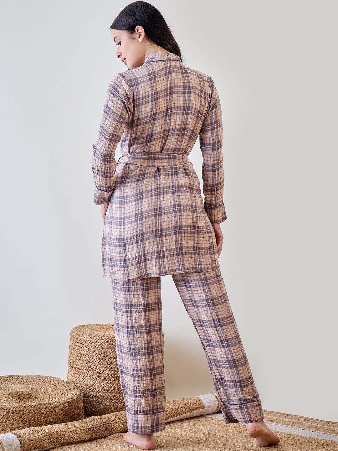 The Kaftan Company Pyjama Set Beige and Grey Checkered Viscose Gownset with Pyjama