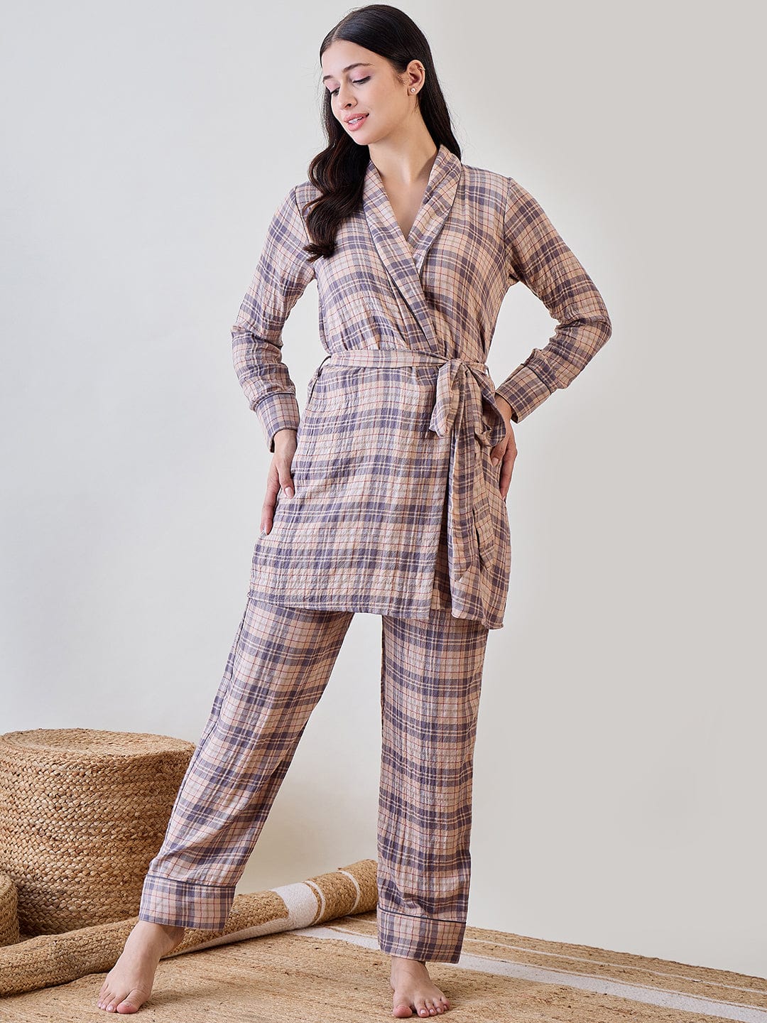 The Kaftan Company Pyjama Set Beige and Grey Checkered Viscose Gownset with Pyjama