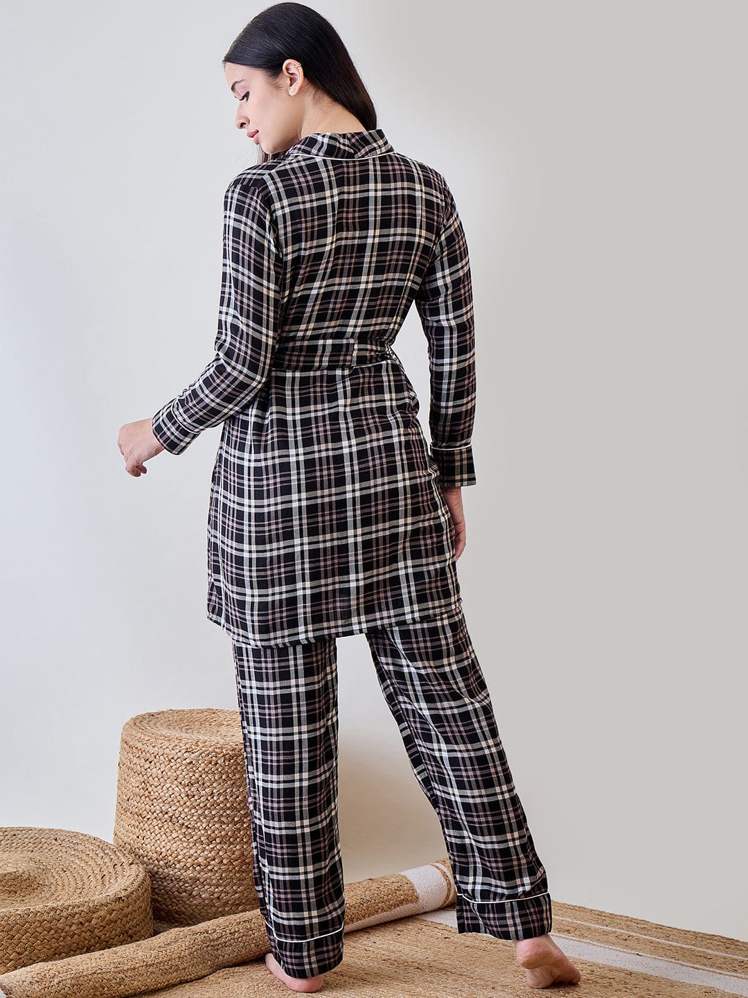 The Kaftan Company Pyjama Set Black Checkered Viscose Gownset with Pyjama