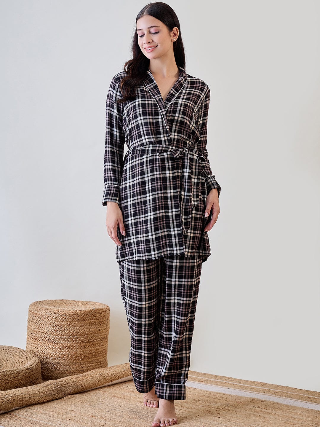 The Kaftan Company Pyjama Set Black Checkered Viscose Gownset with Pyjama