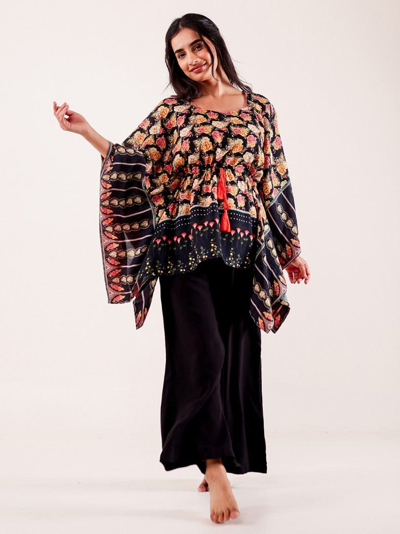 The Kaftan Company Pyjama Set Black Floral Printed Viscose Nightwear Pyjama Set