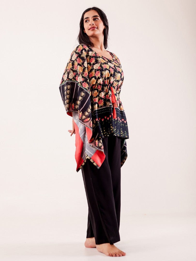 The Kaftan Company Pyjama Set Black Floral Printed Viscose Nightwear Pyjama Set
