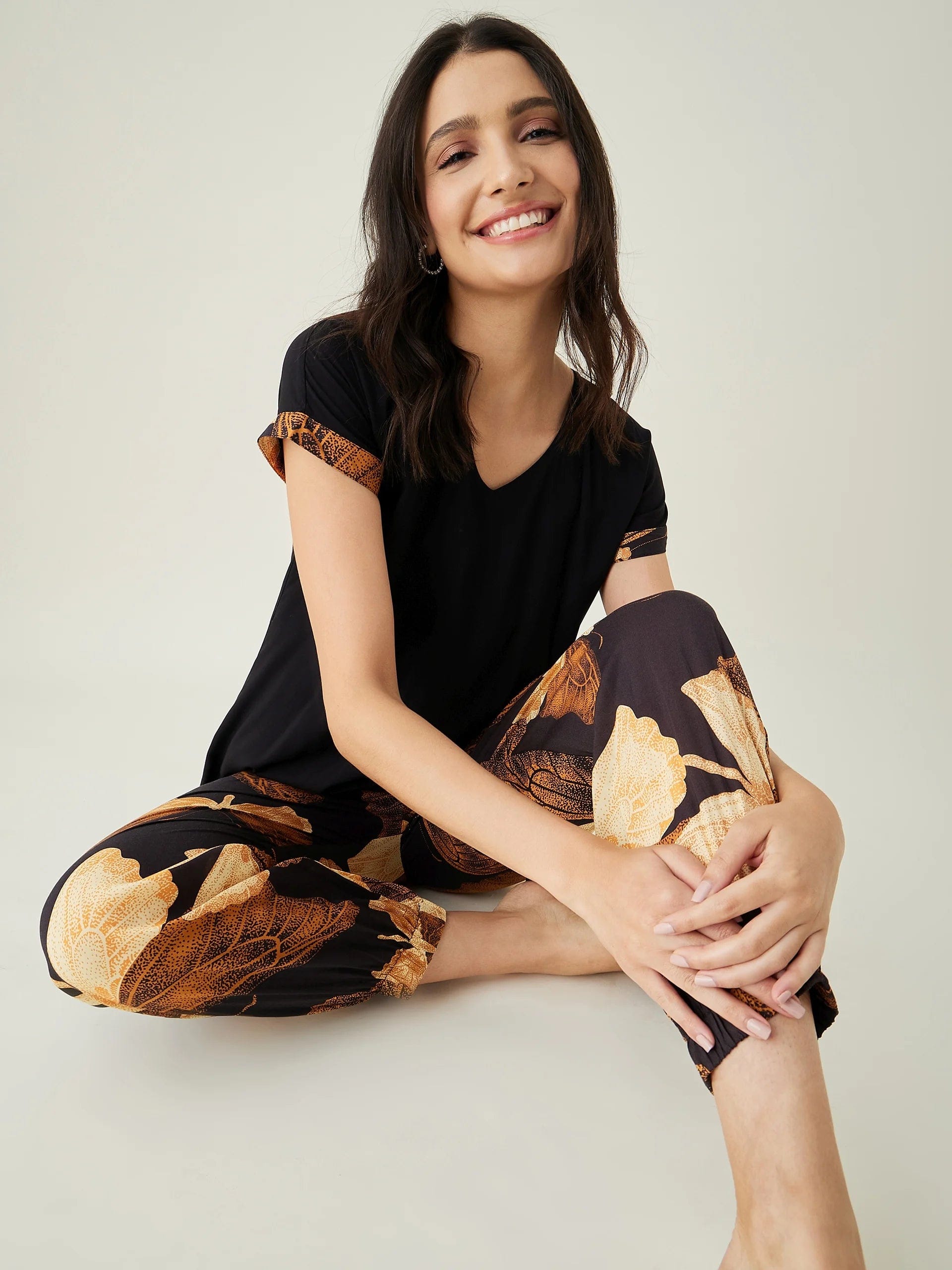 The Kaftan Company Pyjama Set Black Flutter Printed Pajama Set