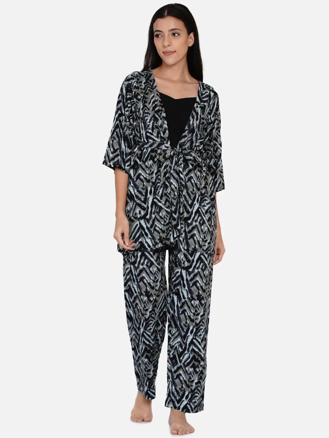 The Kaftan Company Pyjama Set Black geomteric print top and pyjama set
