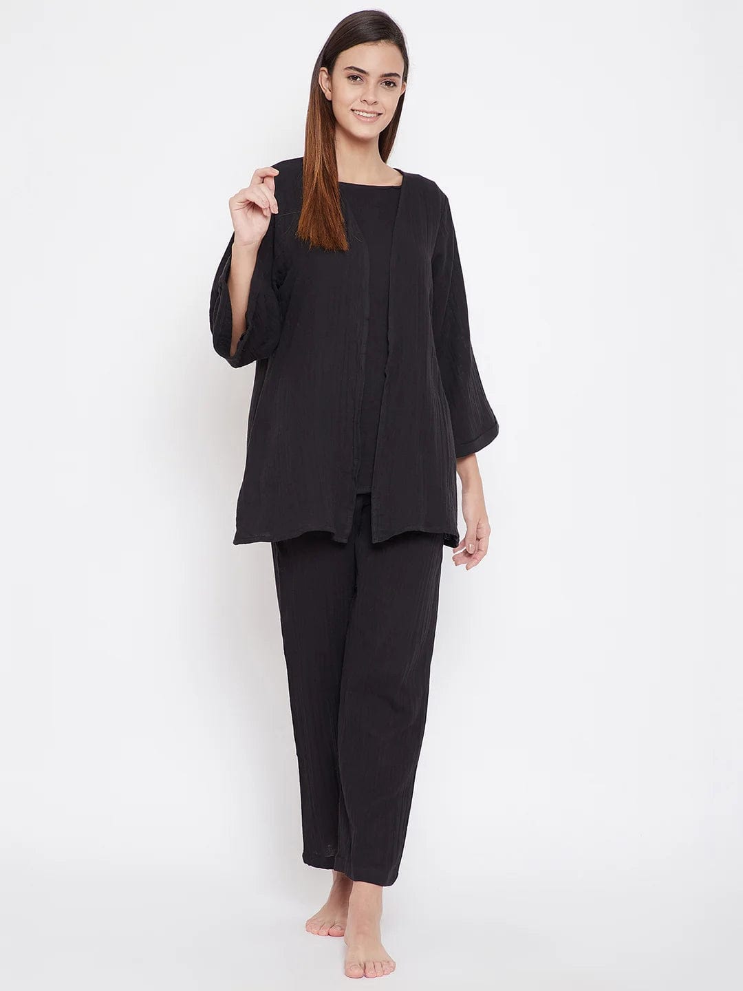 The Kaftan Company Pyjama Set Black Organic Cotton 3 Piece Pyjama Set (Final Sale)