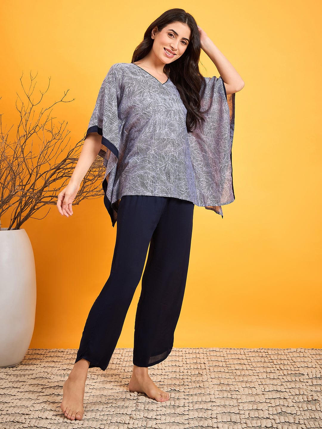The Kaftan Company Pyjama Set Blue Abstract Dotted Night Suit