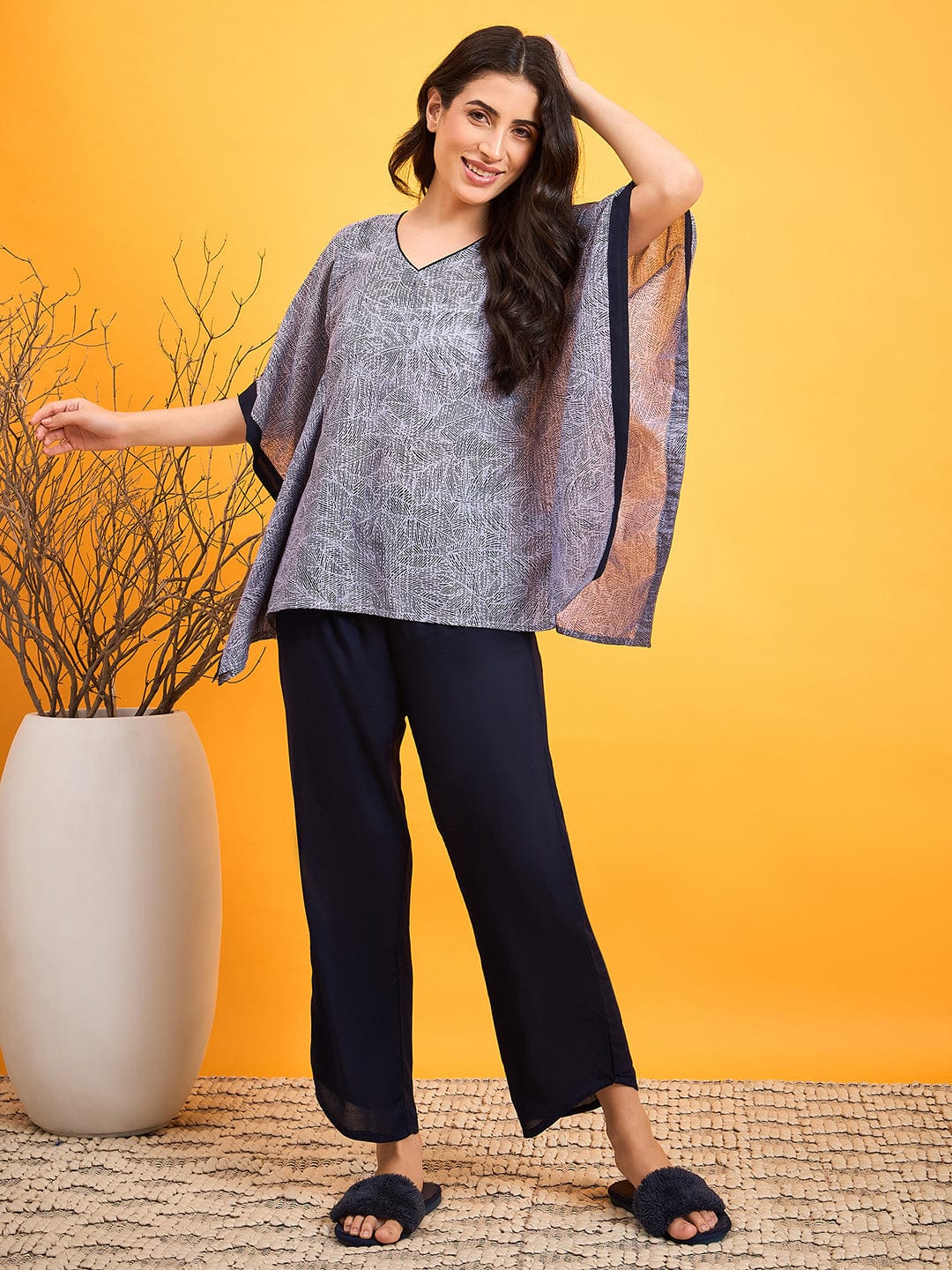 The Kaftan Company Pyjama Set Blue Abstract Dotted Night Suit