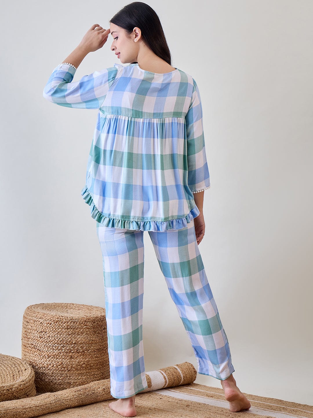 The Kaftan Company Pyjama Set Blue and Green Checks Ruffled Cute Viscose Pyjama Set With Lace Detail