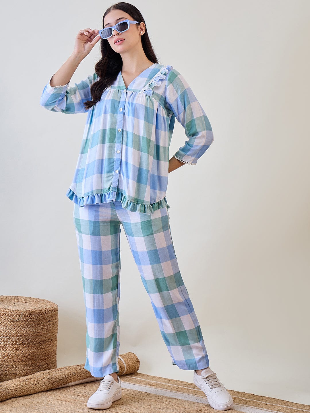 The Kaftan Company Pyjama Set Blue and Green Checks Ruffled Cute Viscose Pyjama Set With Lace Detail