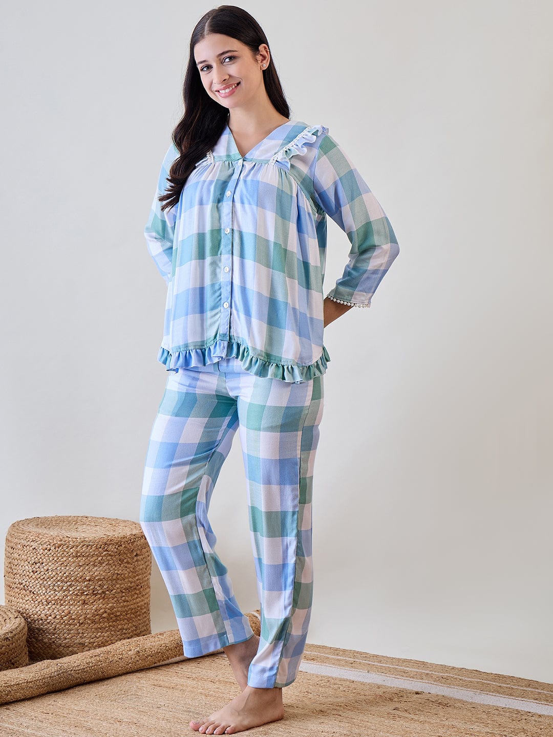 The Kaftan Company Pyjama Set Blue and Green Checks Ruffled Cute Viscose Pyjama Set With Lace Detail