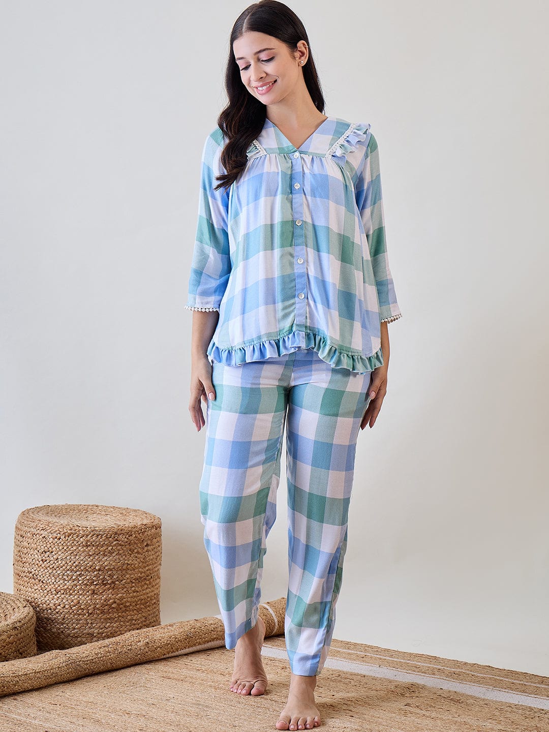 The Kaftan Company Pyjama Set Blue and Green Checks Ruffled Cute Viscose Pyjama Set With Lace Detail