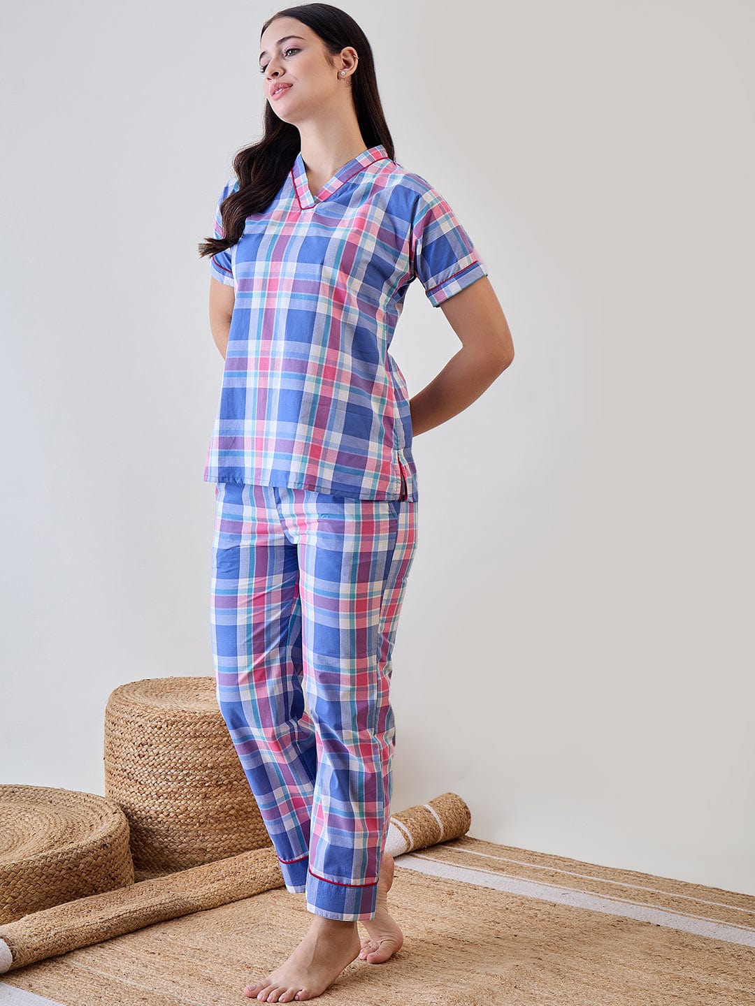 The Kaftan Company Pyjama Set Blue and Pink Checkered Cotton Pyjama Set