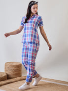 The Kaftan Company Pyjama Set Blue and Pink Checkered Cotton Pyjama Set