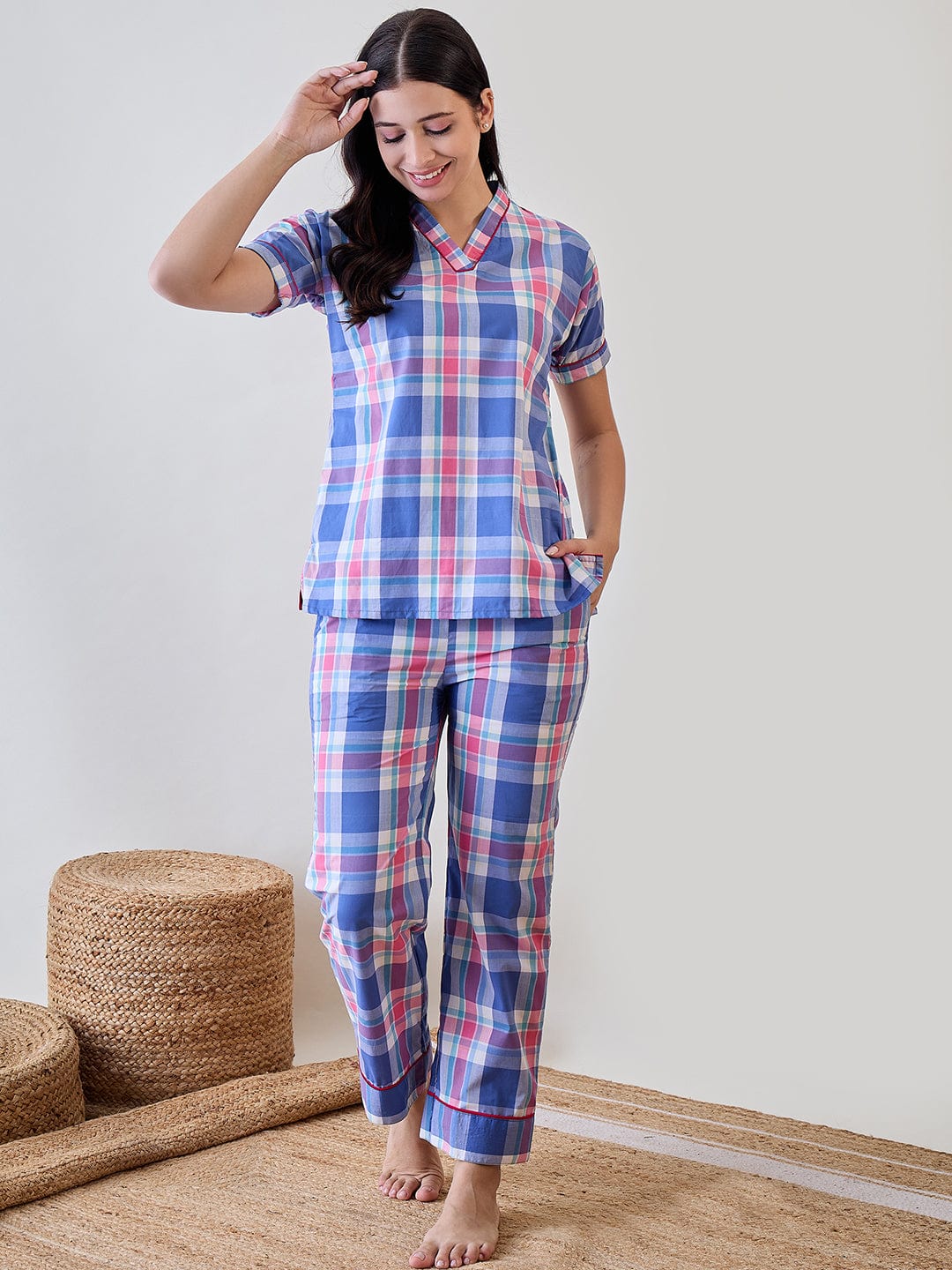 The Kaftan Company Pyjama Set Blue and Pink Checkered Cotton Pyjama Set