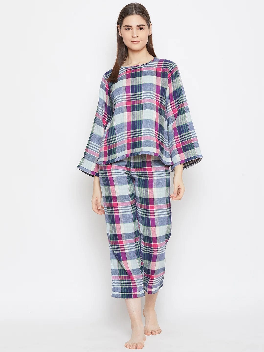 The Kaftan Company Pyjama Set Blue Checked Reversible Plaid Lounge Set