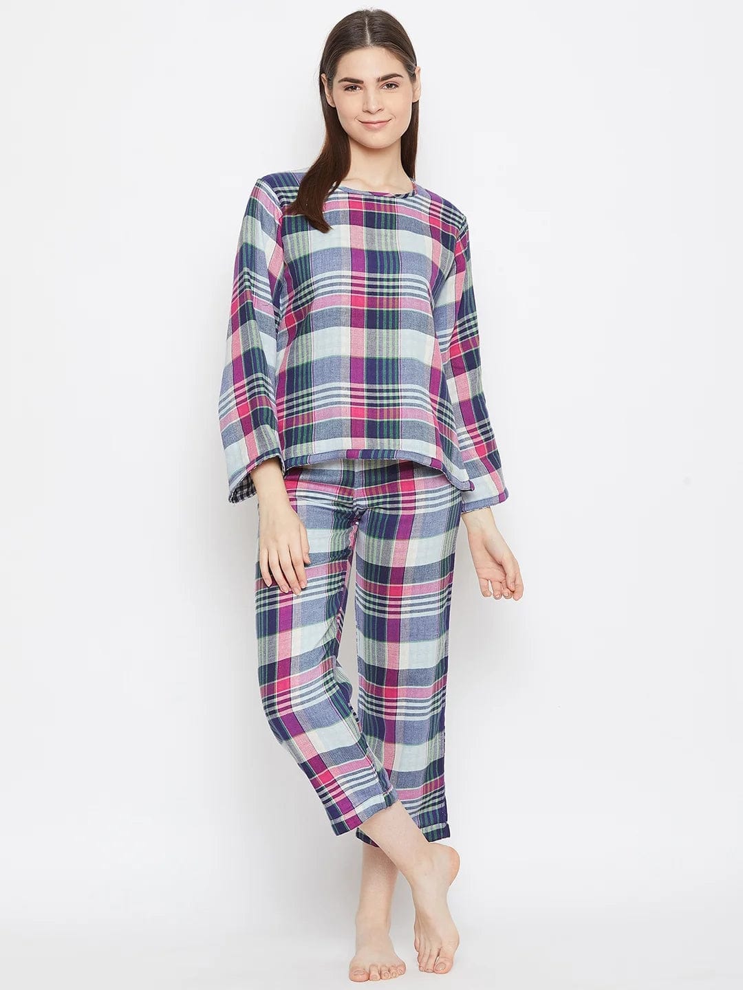 The Kaftan Company Pyjama Set Blue Checked Reversible Plaid Lounge Set