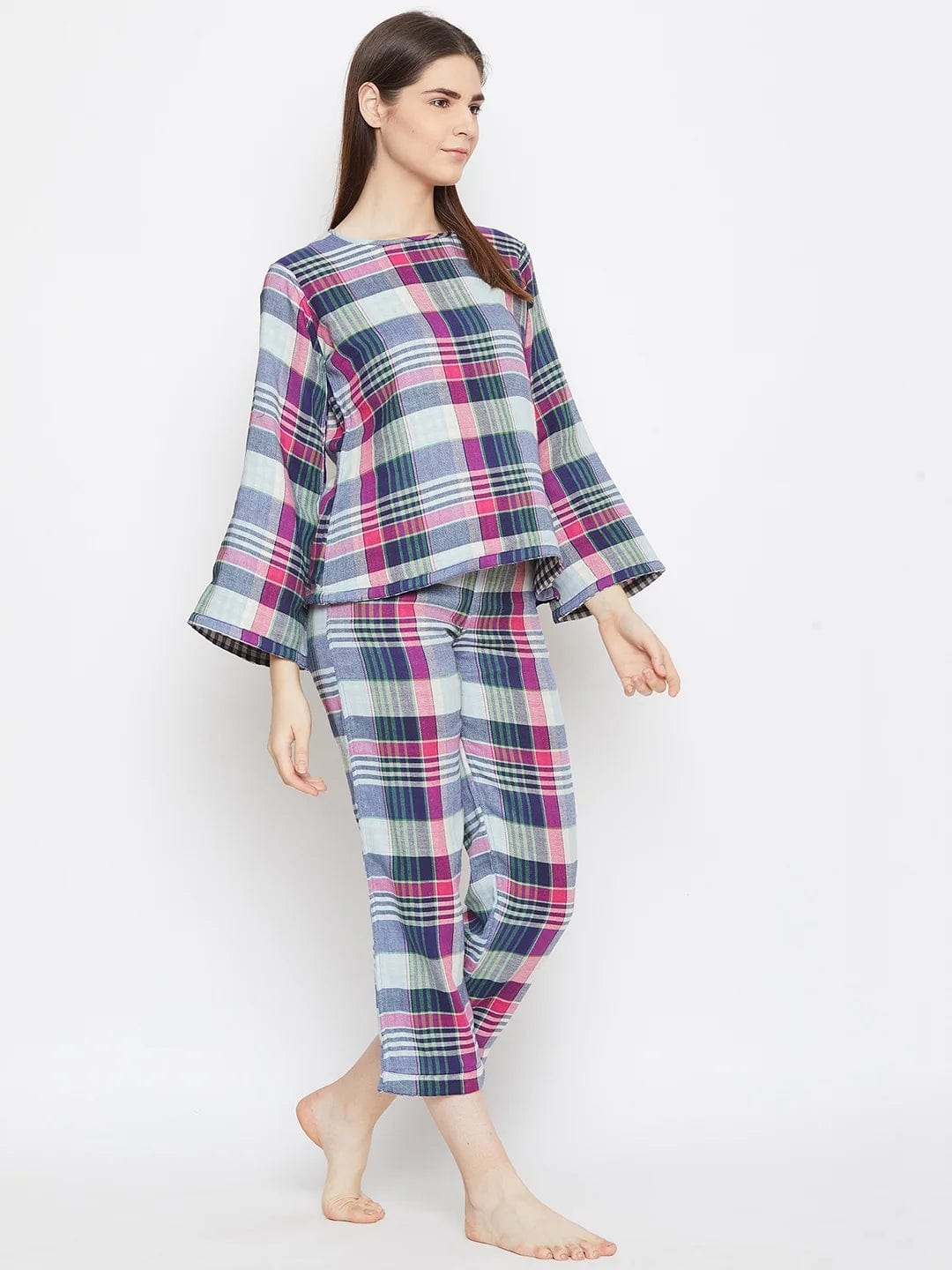 The Kaftan Company Pyjama Set Blue Checked Reversible Plaid Lounge Set