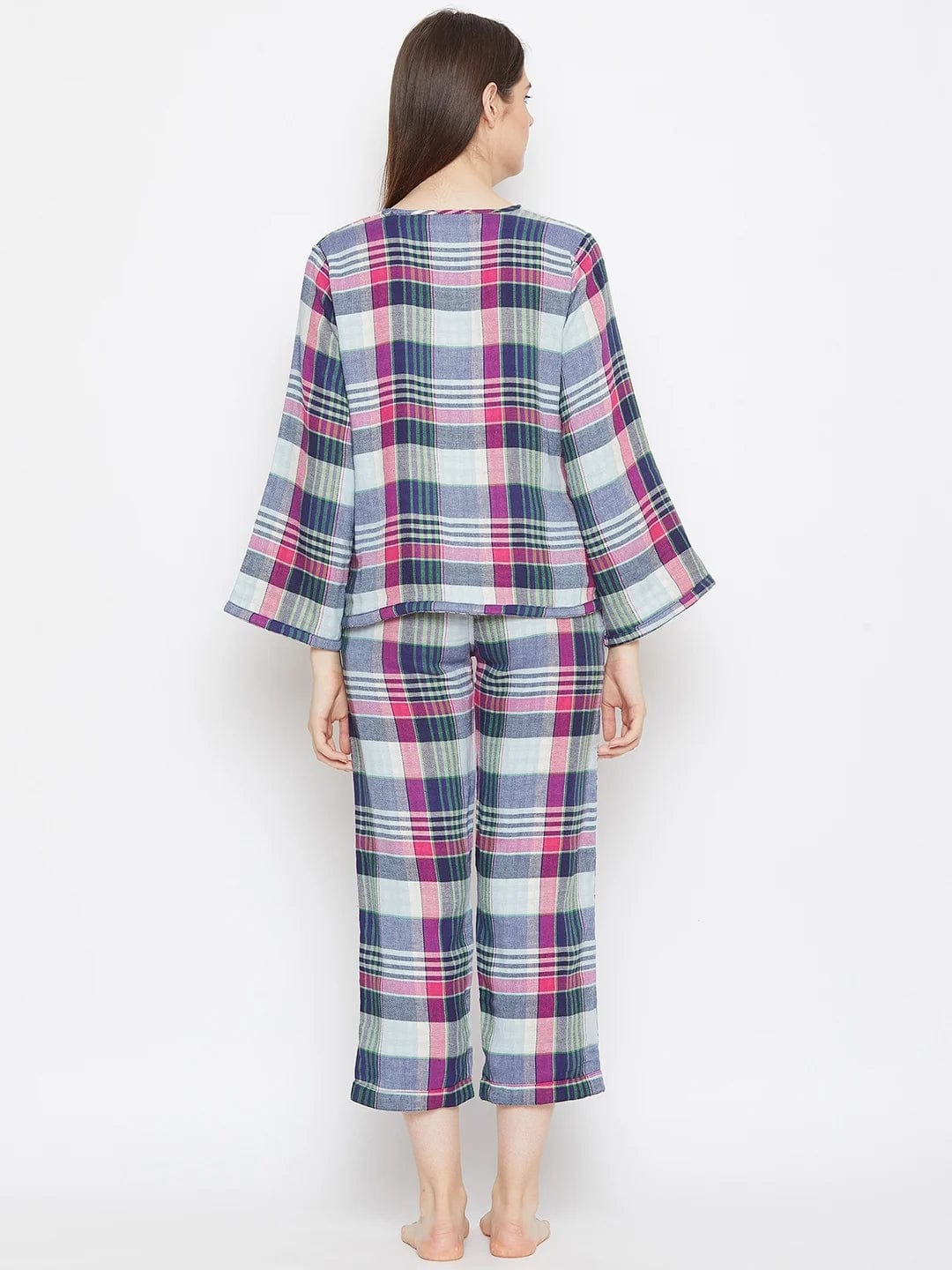The Kaftan Company Pyjama Set Blue Checked Reversible Plaid Lounge Set