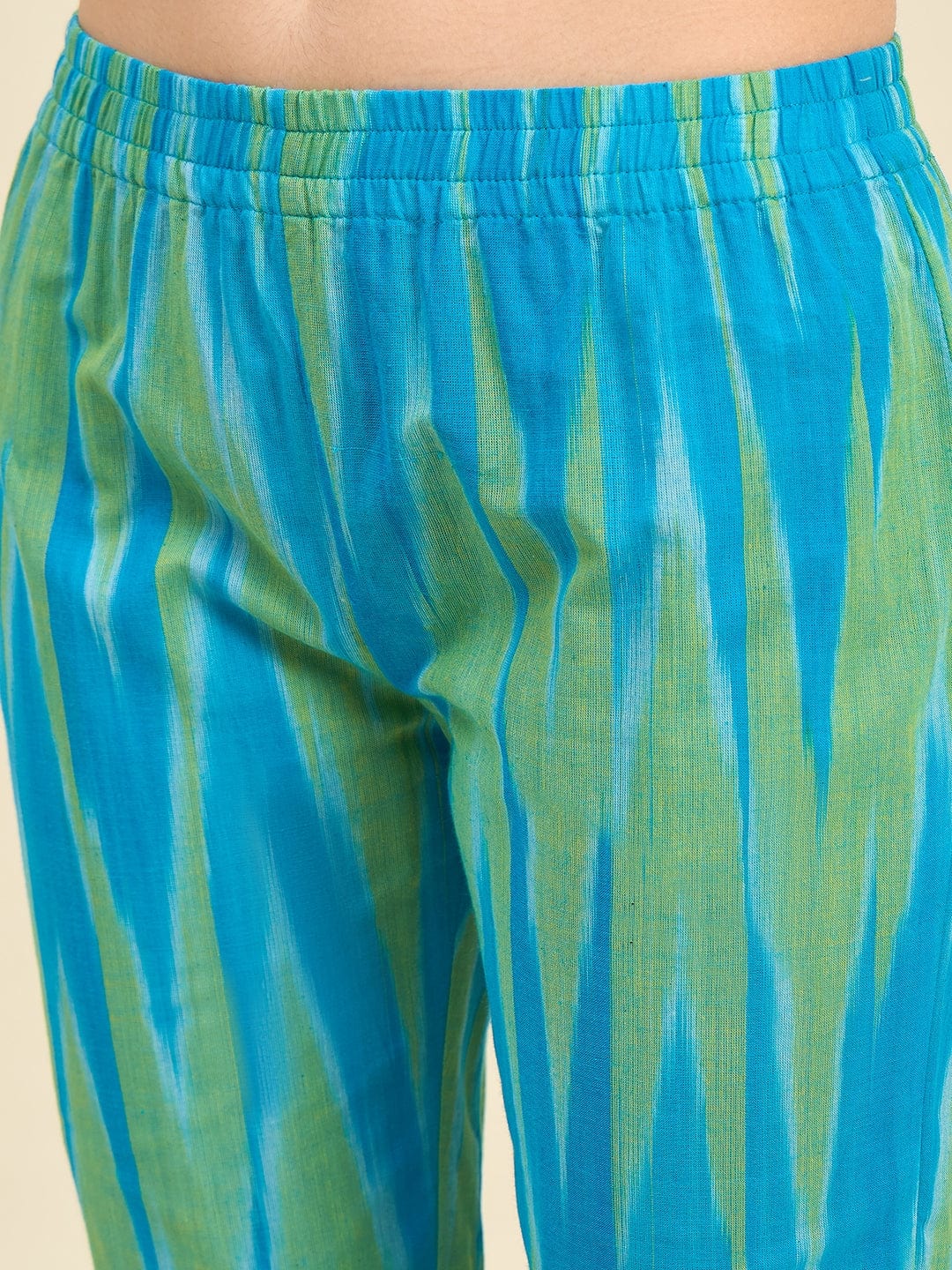 The Kaftan Company Pyjama Set Blue & Green Ikat Handloom Cotton Co-ord Set – Relaxed Fit Kurta and Pyjama for Women