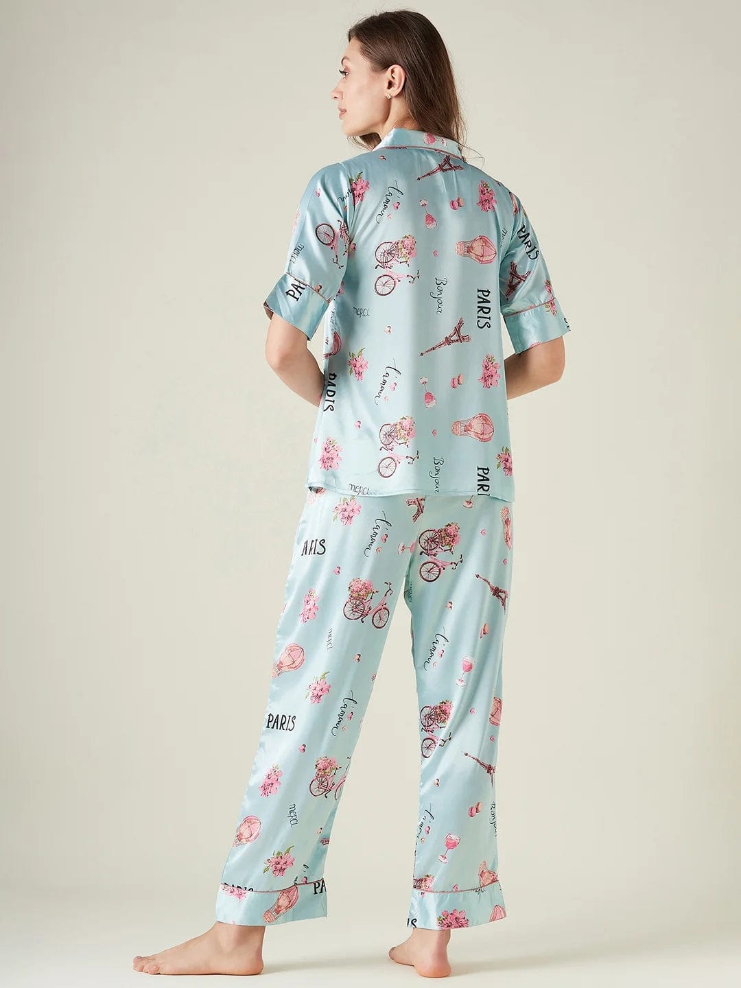 The Kaftan Company Pyjama Set Blue satin cycle print pyjama set