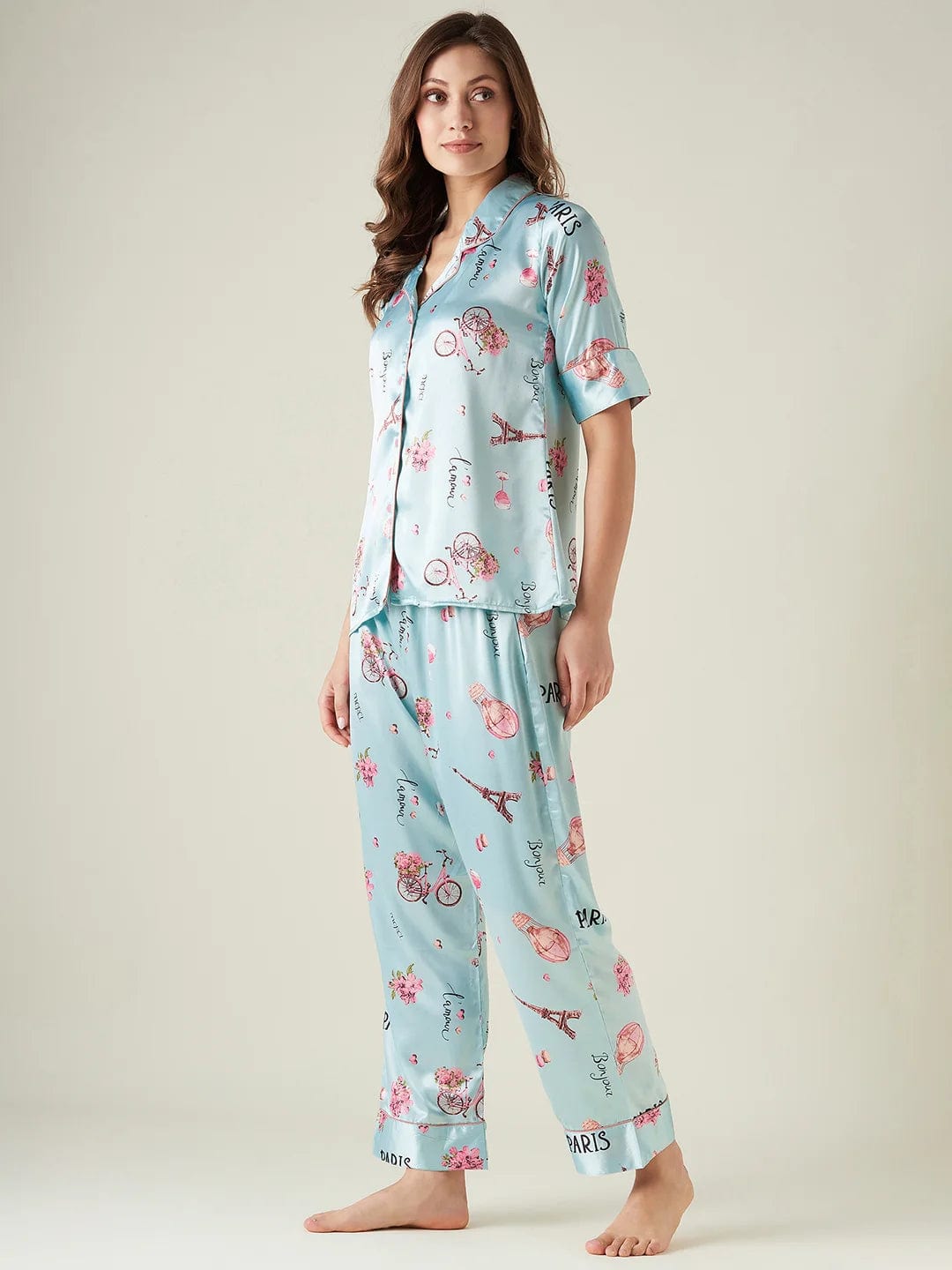 The Kaftan Company Pyjama Set Blue satin cycle print pyjama set