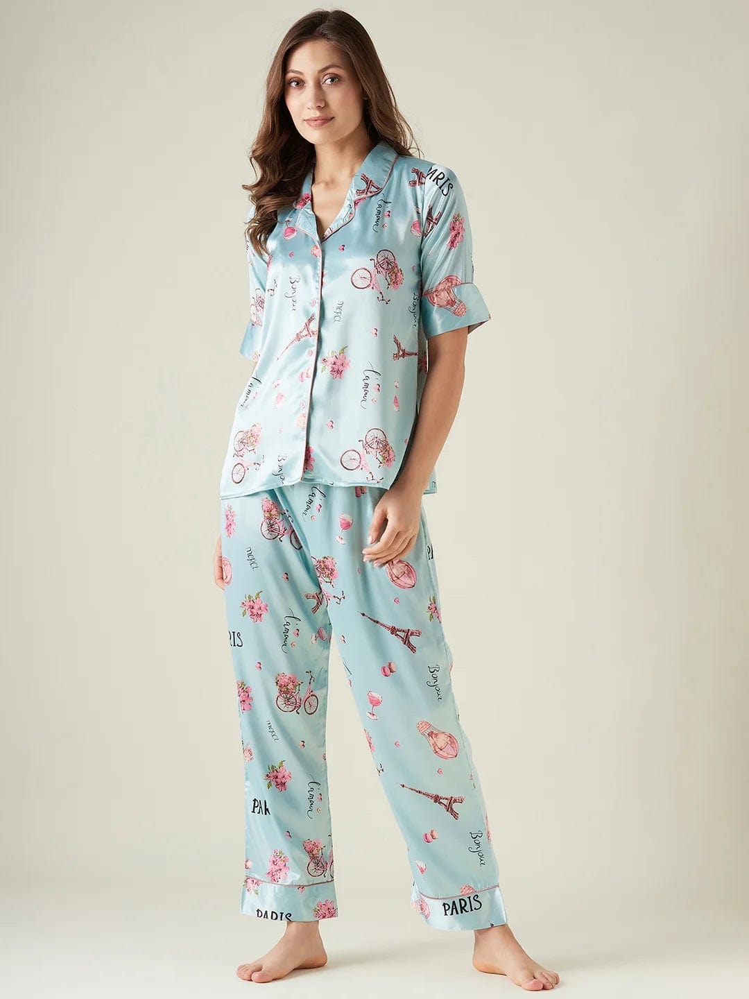 The Kaftan Company Pyjama Set Blue satin cycle print pyjama set