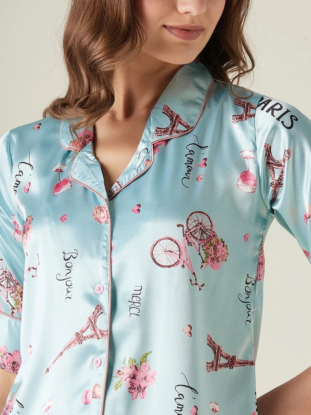 The Kaftan Company Pyjama Set Blue satin cycle print pyjama set