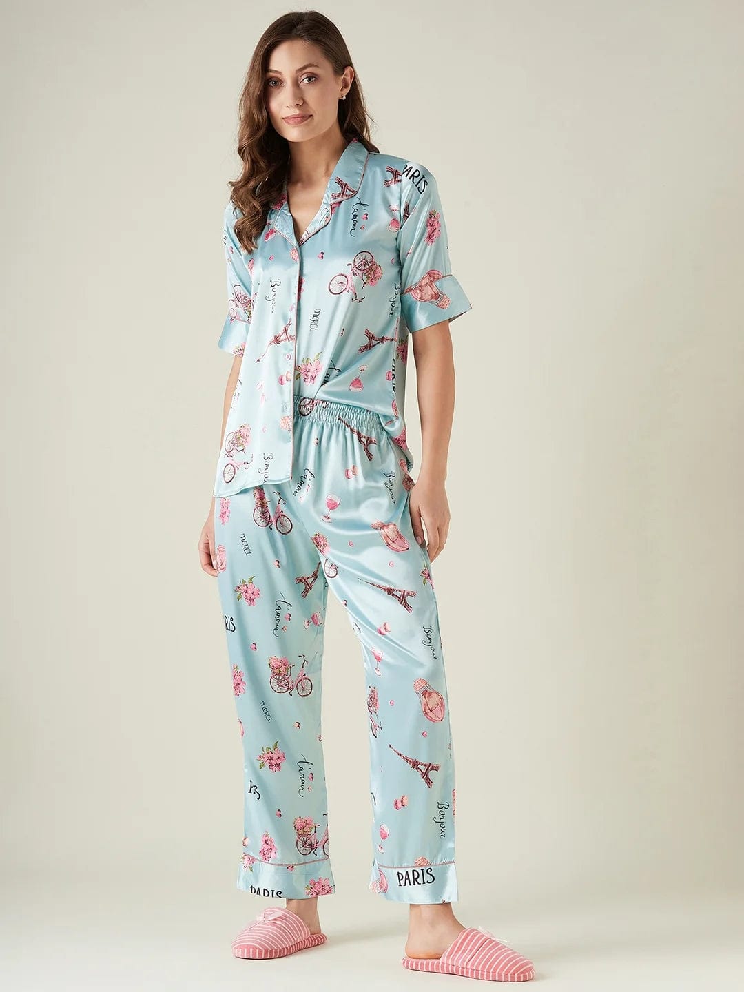 The Kaftan Company Pyjama Set Blue satin cycle print pyjama set