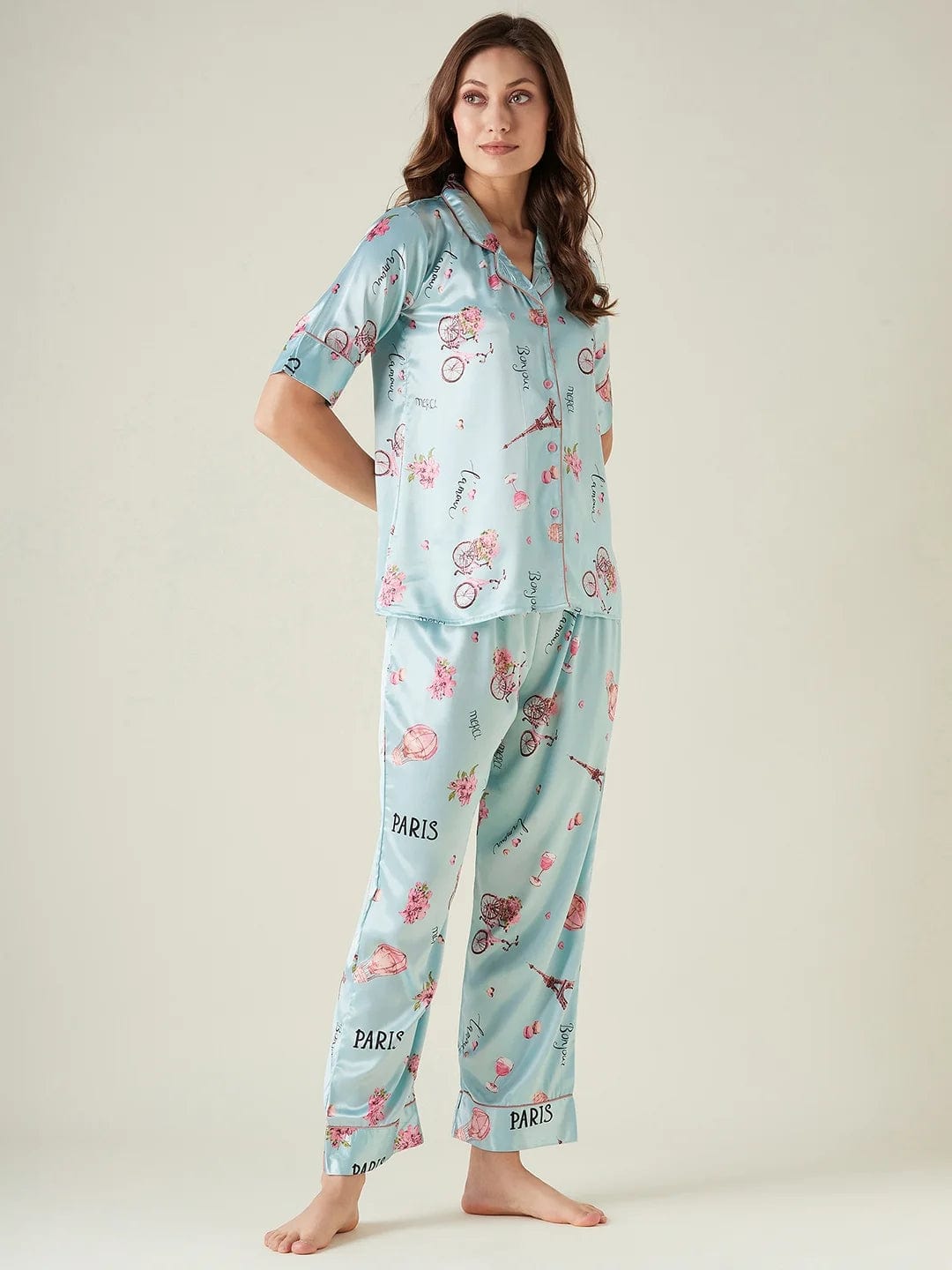 The Kaftan Company Pyjama Set Blue satin cycle print pyjama set