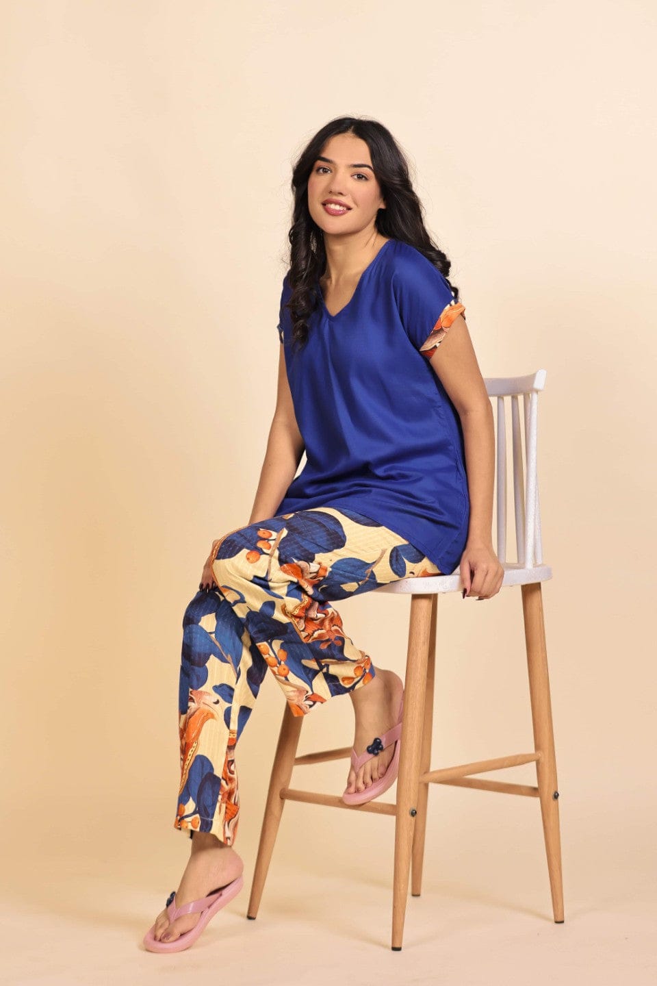 The Kaftan Company Pyjama Set Blue V-Neck Top and Butterfly Print Pyjama Loungeset