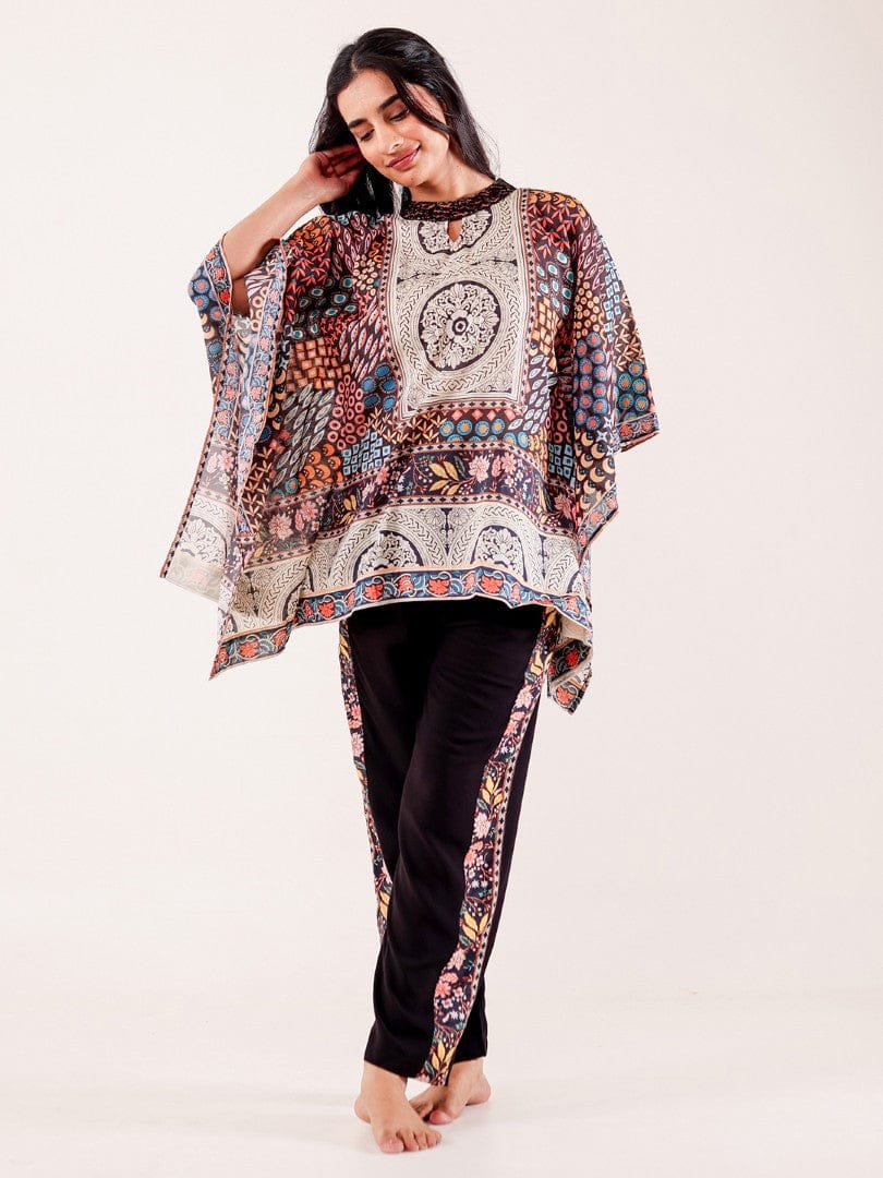 The Kaftan Company Pyjama Set Brown Ethnic Printed Viscose Nightwear Pyjama Set