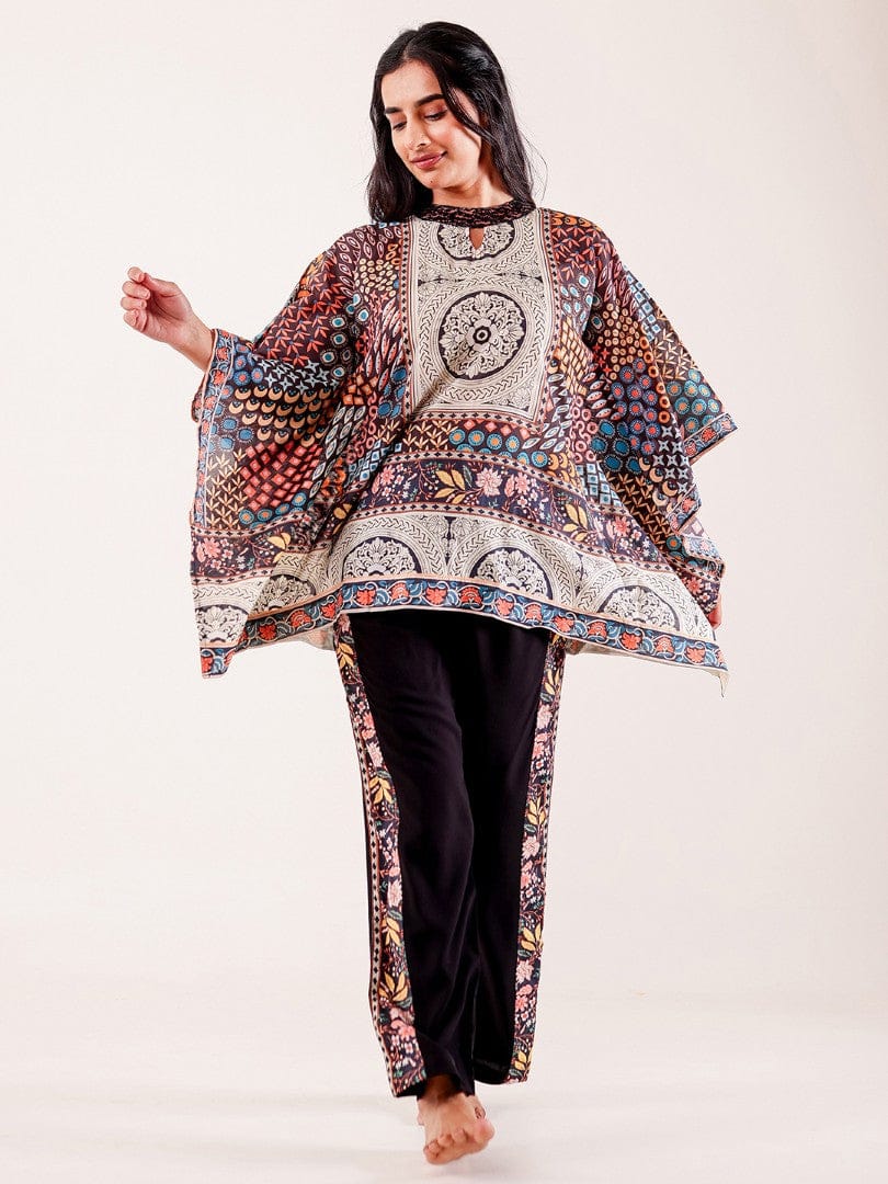 The Kaftan Company Pyjama Set Brown Ethnic Printed Viscose Nightwear Pyjama Set
