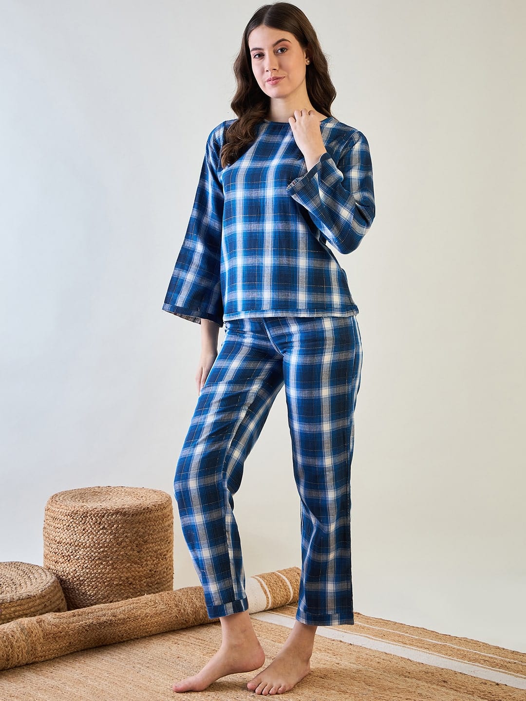 The Kaftan Company Pyjama Set Comfortable Blue Plaid Cotton Pyjama Set