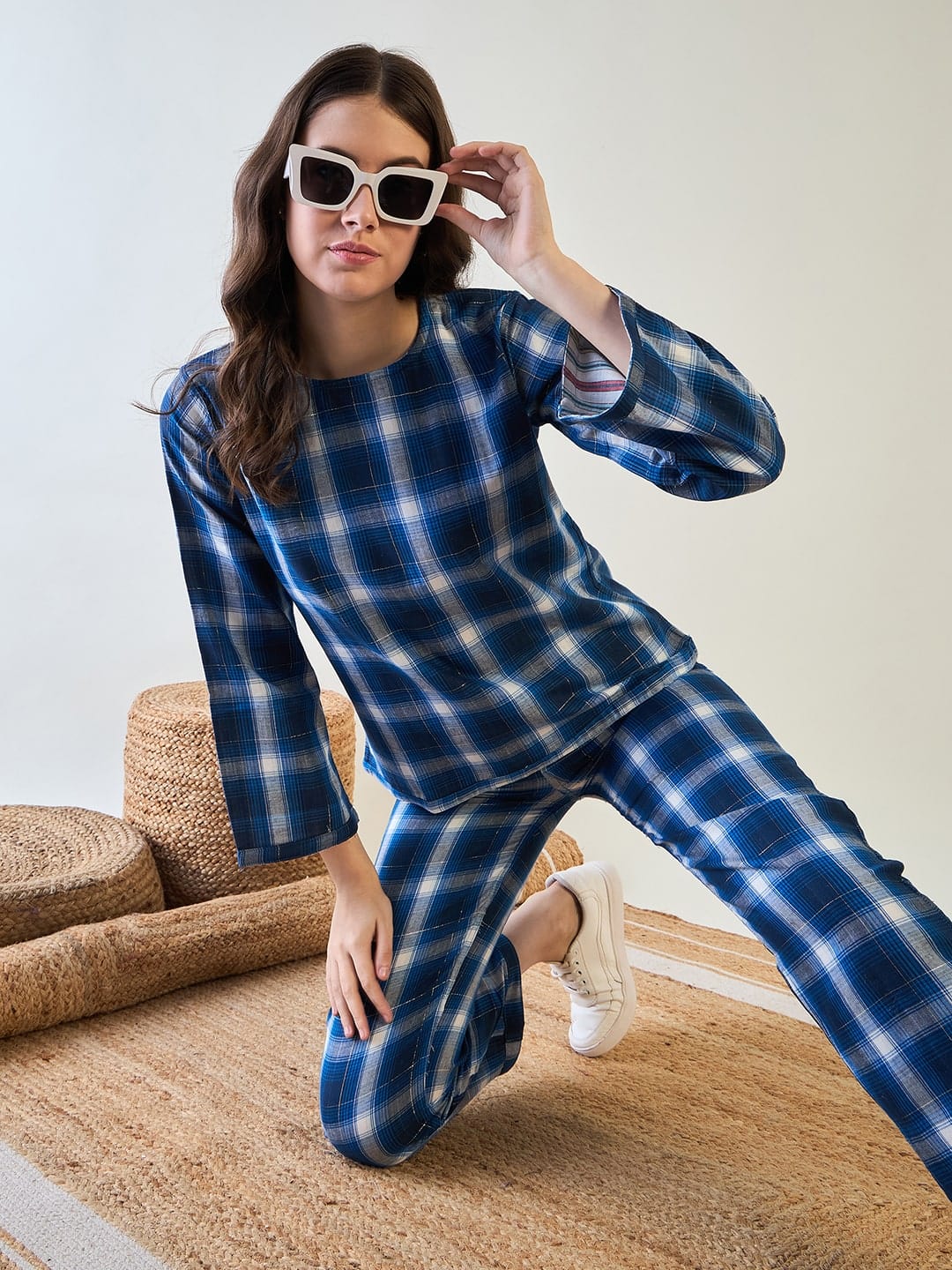 The Kaftan Company Pyjama Set Comfortable Blue Plaid Cotton Pyjama Set