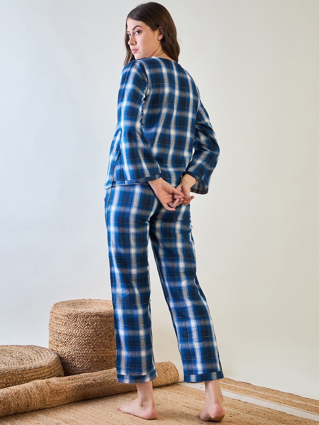 The Kaftan Company Pyjama Set Comfortable Blue Plaid Cotton Pyjama Set