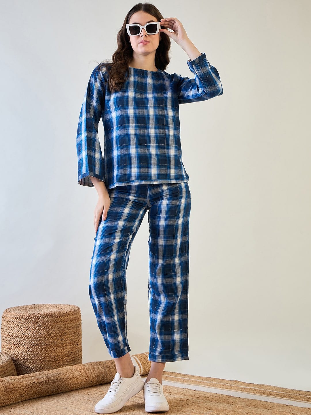 The Kaftan Company Pyjama Set Comfortable Blue Plaid Cotton Pyjama Set