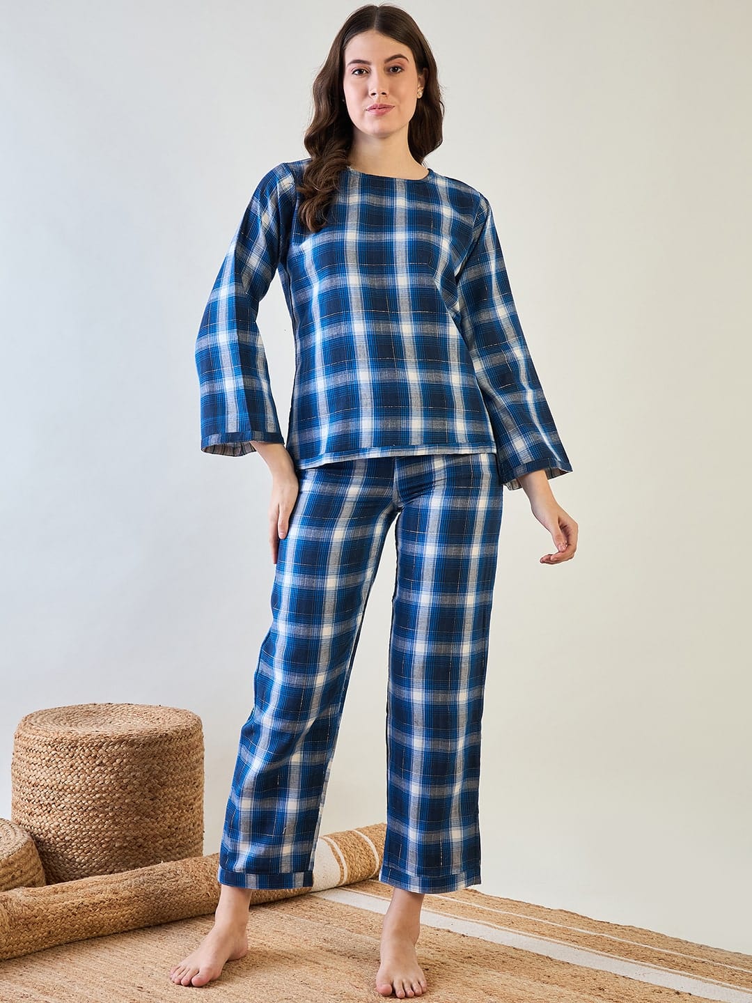 The Kaftan Company Pyjama Set Comfortable Blue Plaid Cotton Pyjama Set