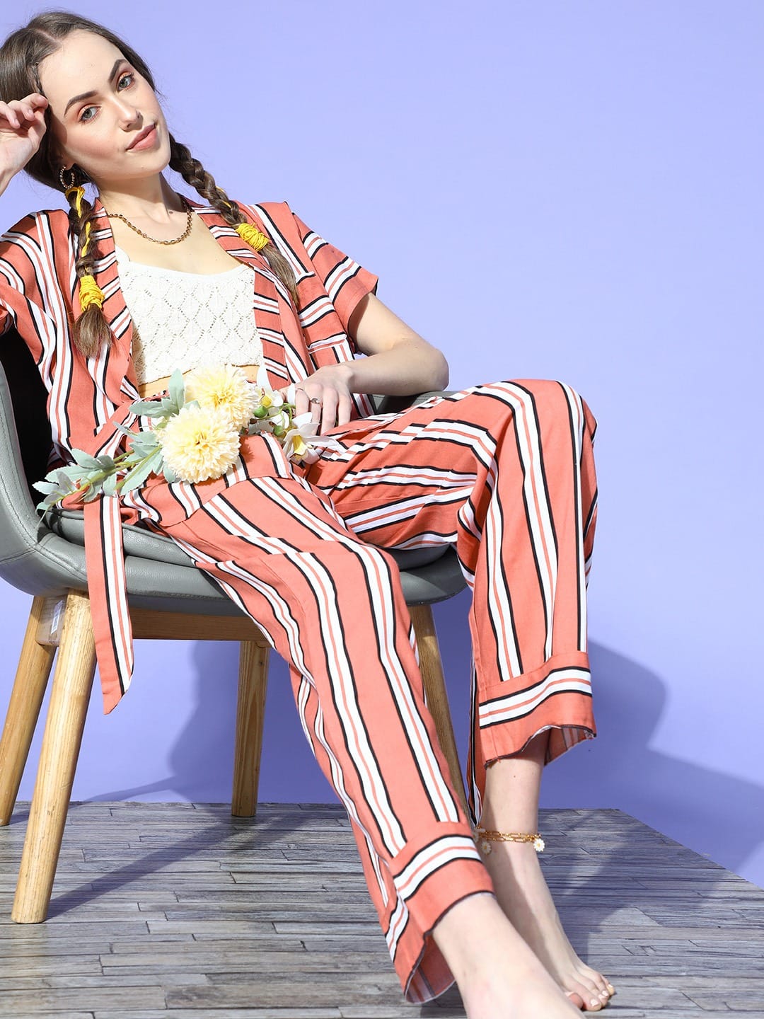 The Kaftan Company Pyjama Set Coral Striped Cotton Pyjama Set with Waist Tie for Women