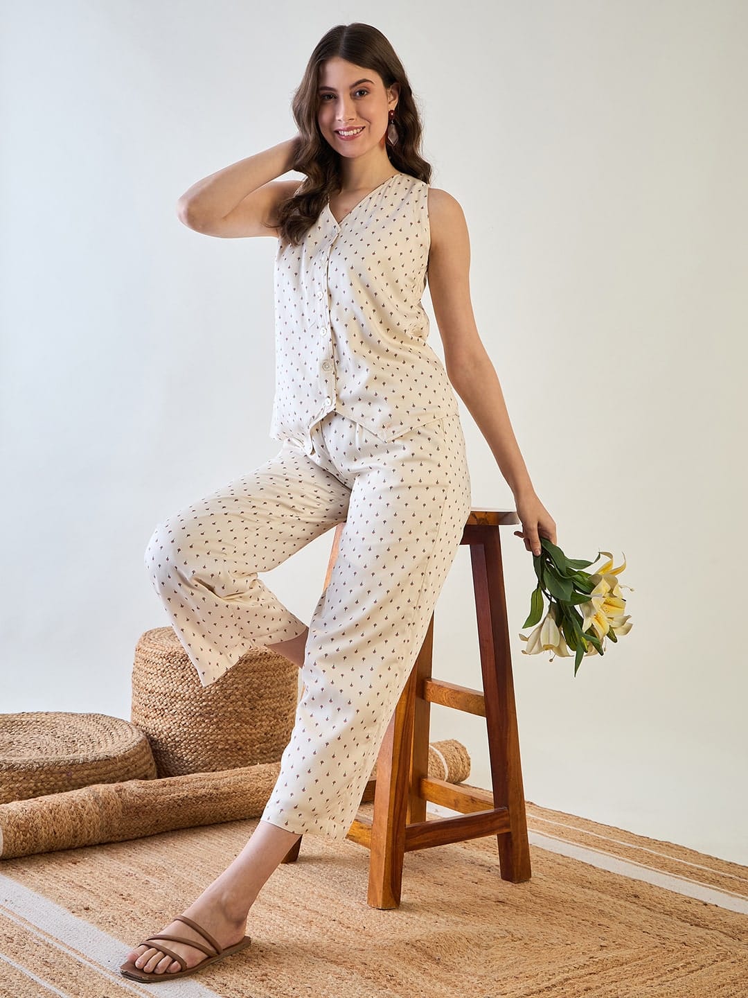 The Kaftan Company Pyjama Set Cream Micro Floral Print Cotton Satin Waistcoat Pyjama Set