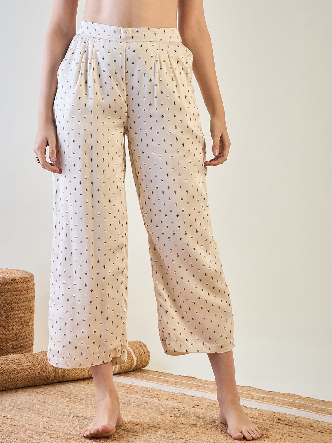 The Kaftan Company Pyjama Set Cream Micro Floral Print Cotton Satin Waistcoat Pyjama Set
