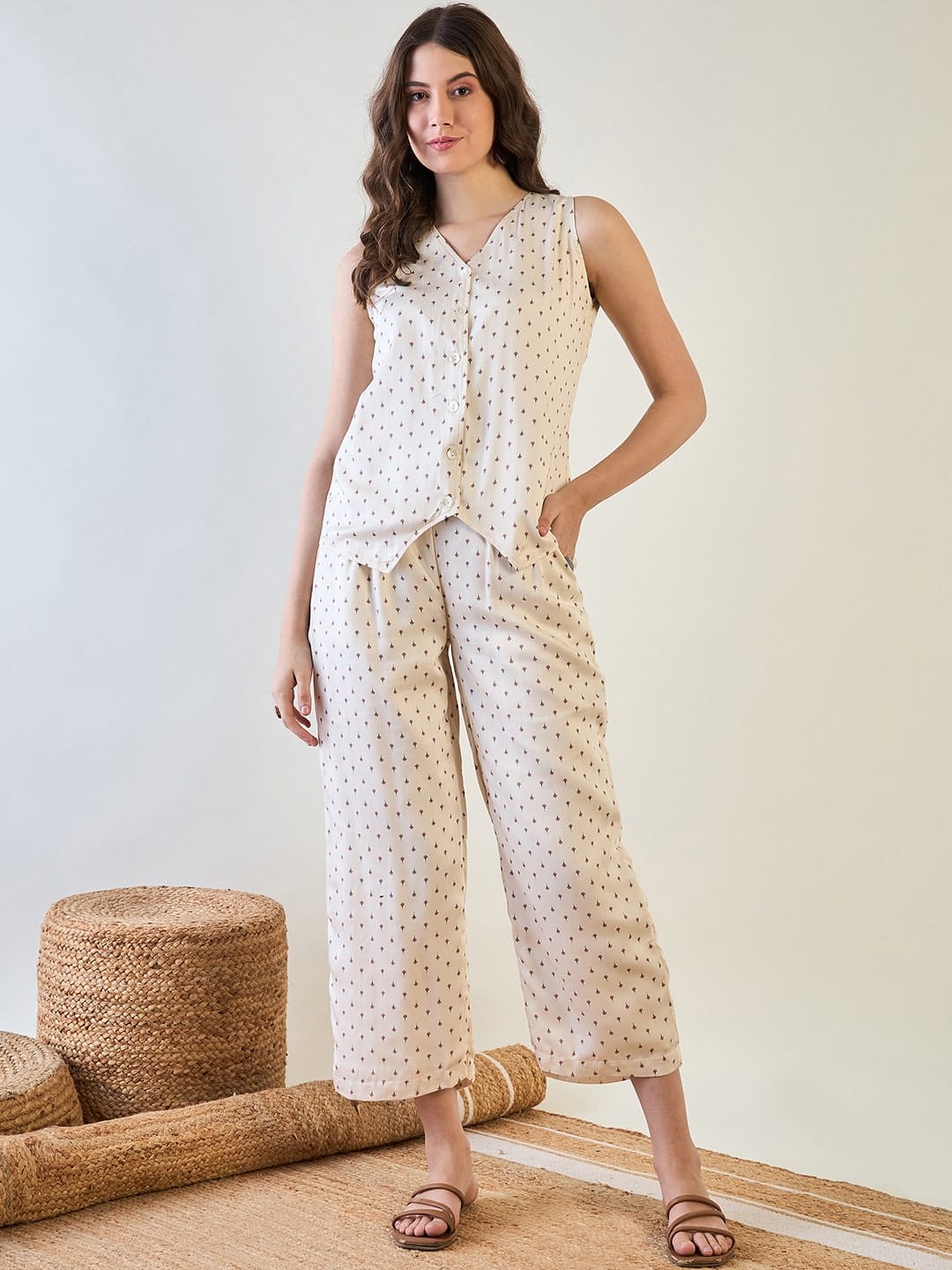 The Kaftan Company Pyjama Set Cream Micro Floral Print Cotton Satin Waistcoat Pyjama Set