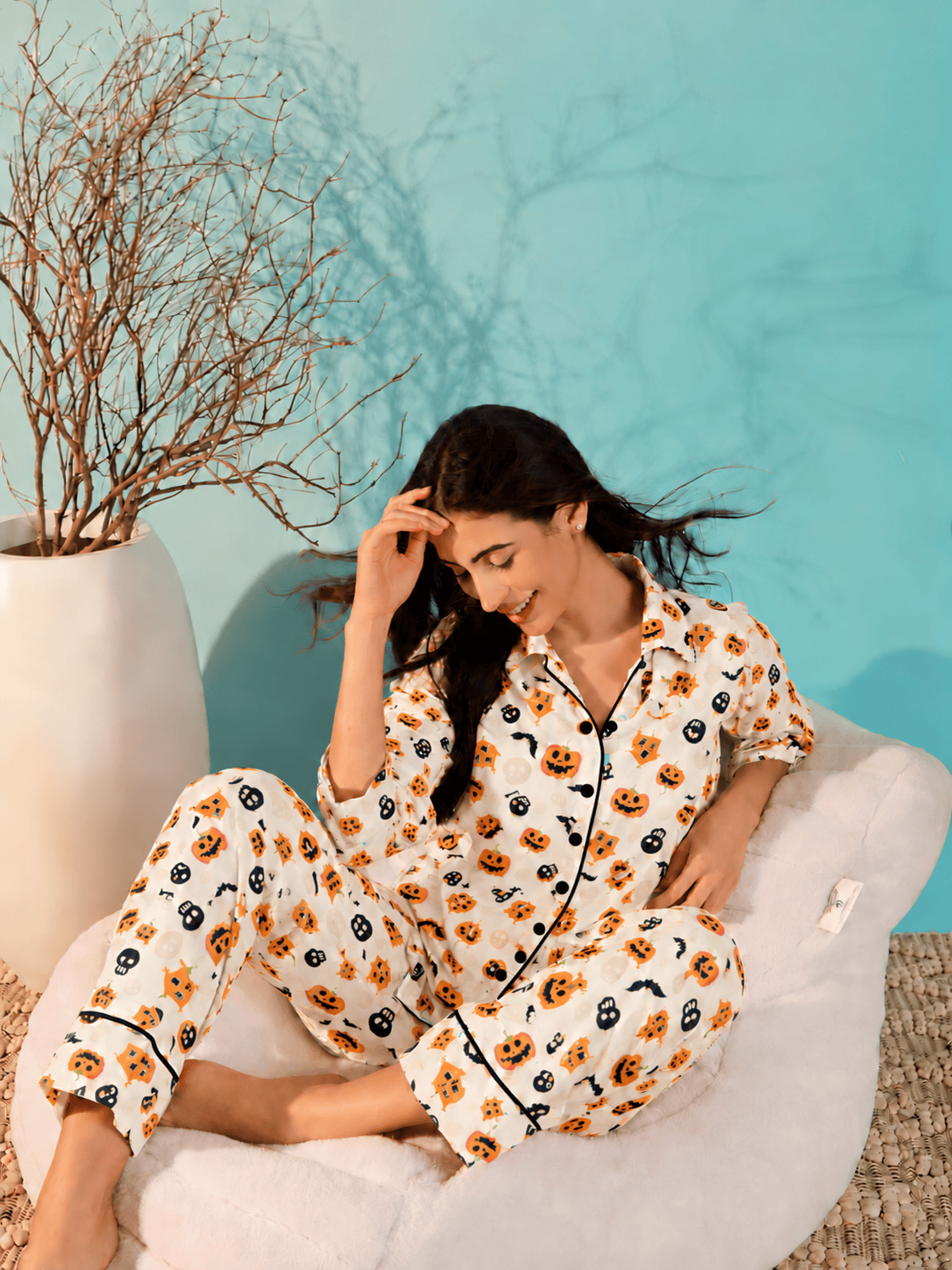The Kaftan Company Pyjama Set Cream Pumpkin and Skull Print Modal Pyjama Set