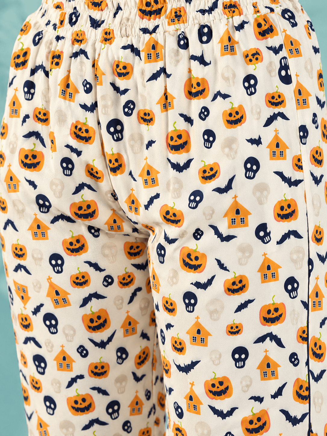 The Kaftan Company Pyjama Set Cream Pumpkin and Skull Print Modal Pyjama Set