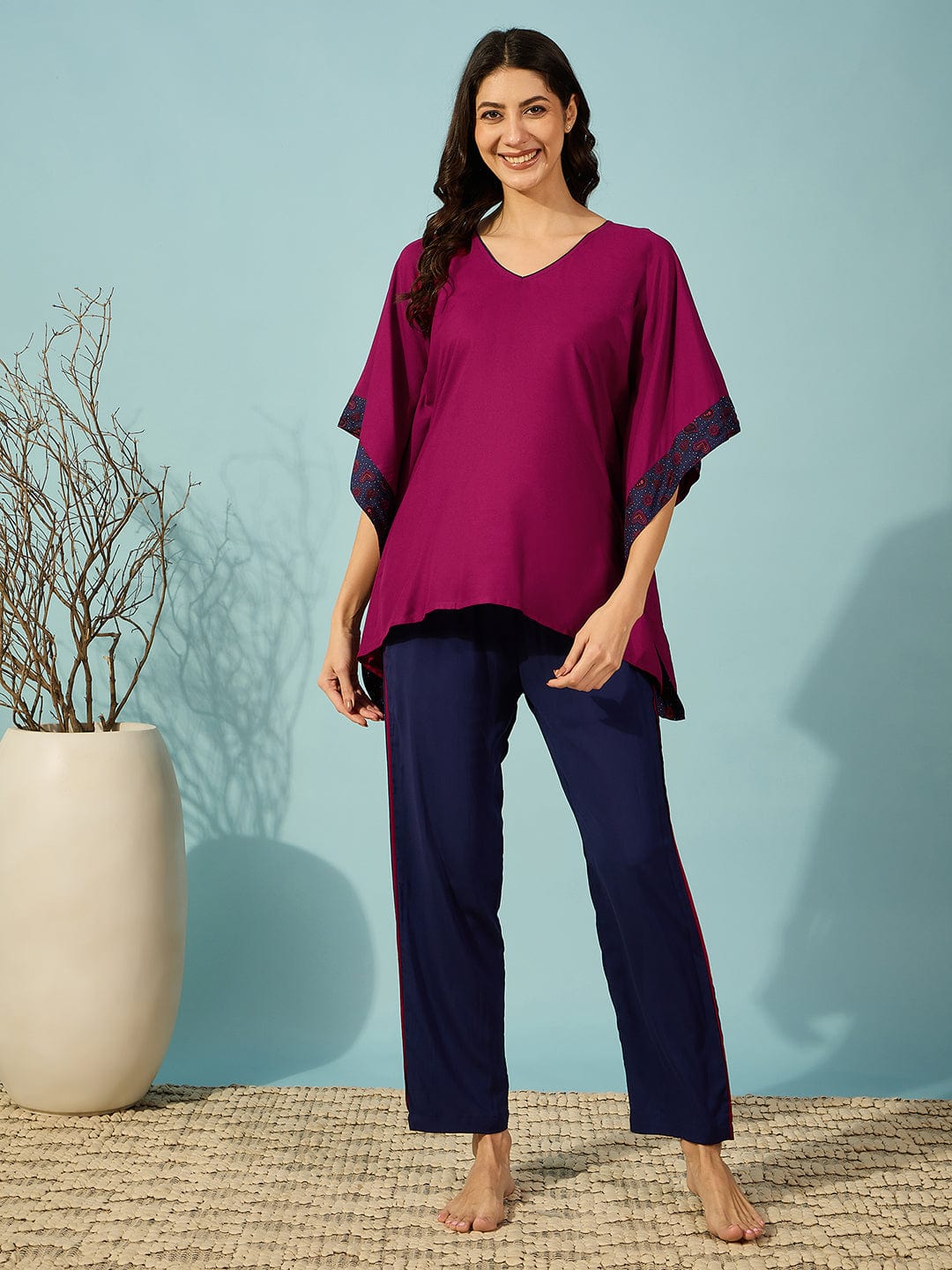 The Kaftan Company Pyjama Set Floral Border Pink and Blue Pyjama Set