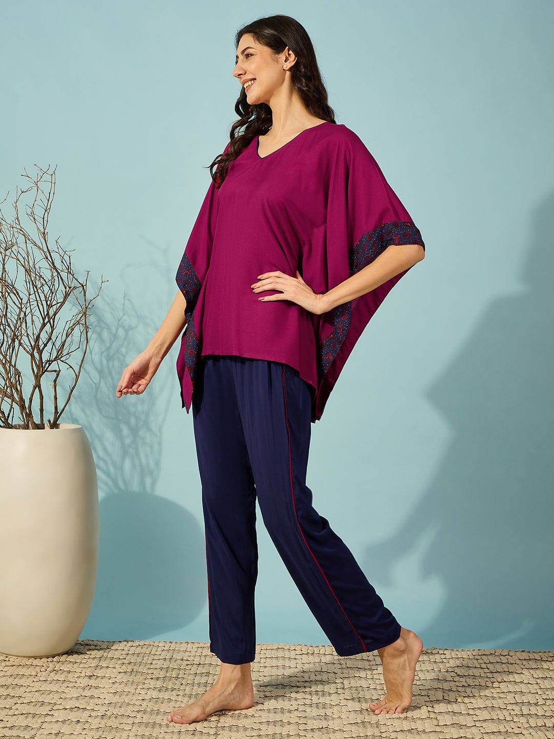 The Kaftan Company Pyjama Set Floral Border Pink and Blue Pyjama Set