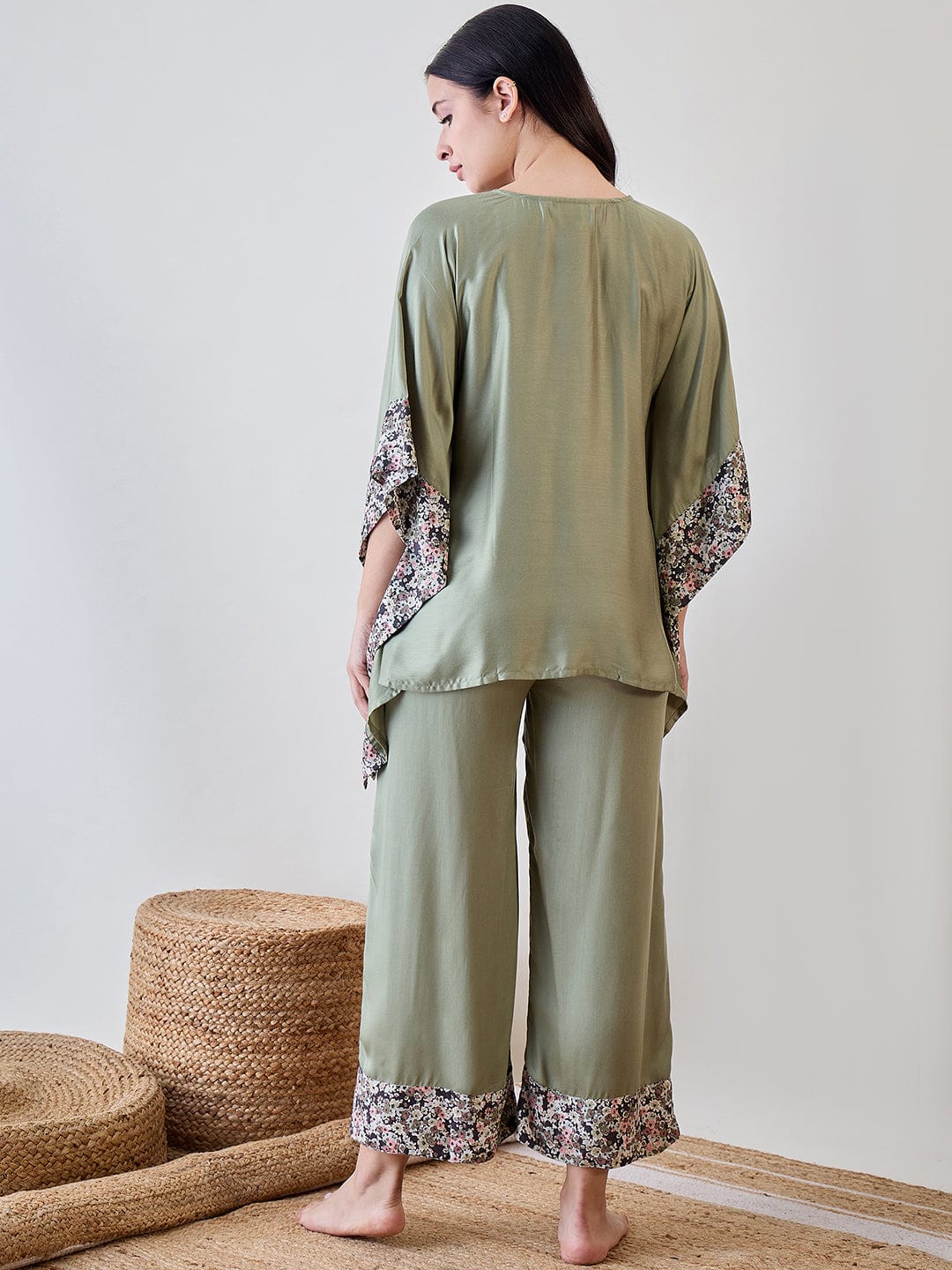 The Kaftan Company Pyjama Set Floral Bordered Pastel Green Soft Modal Lounge Set