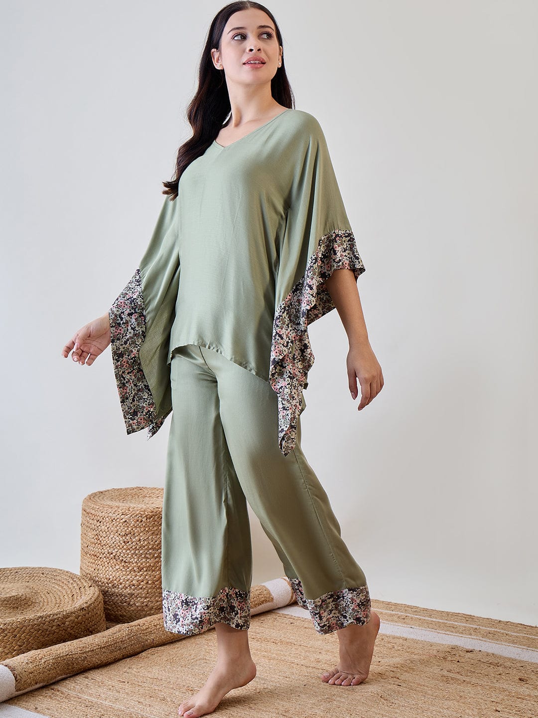 The Kaftan Company Pyjama Set Floral Bordered Pastel Green Soft Modal Lounge Set